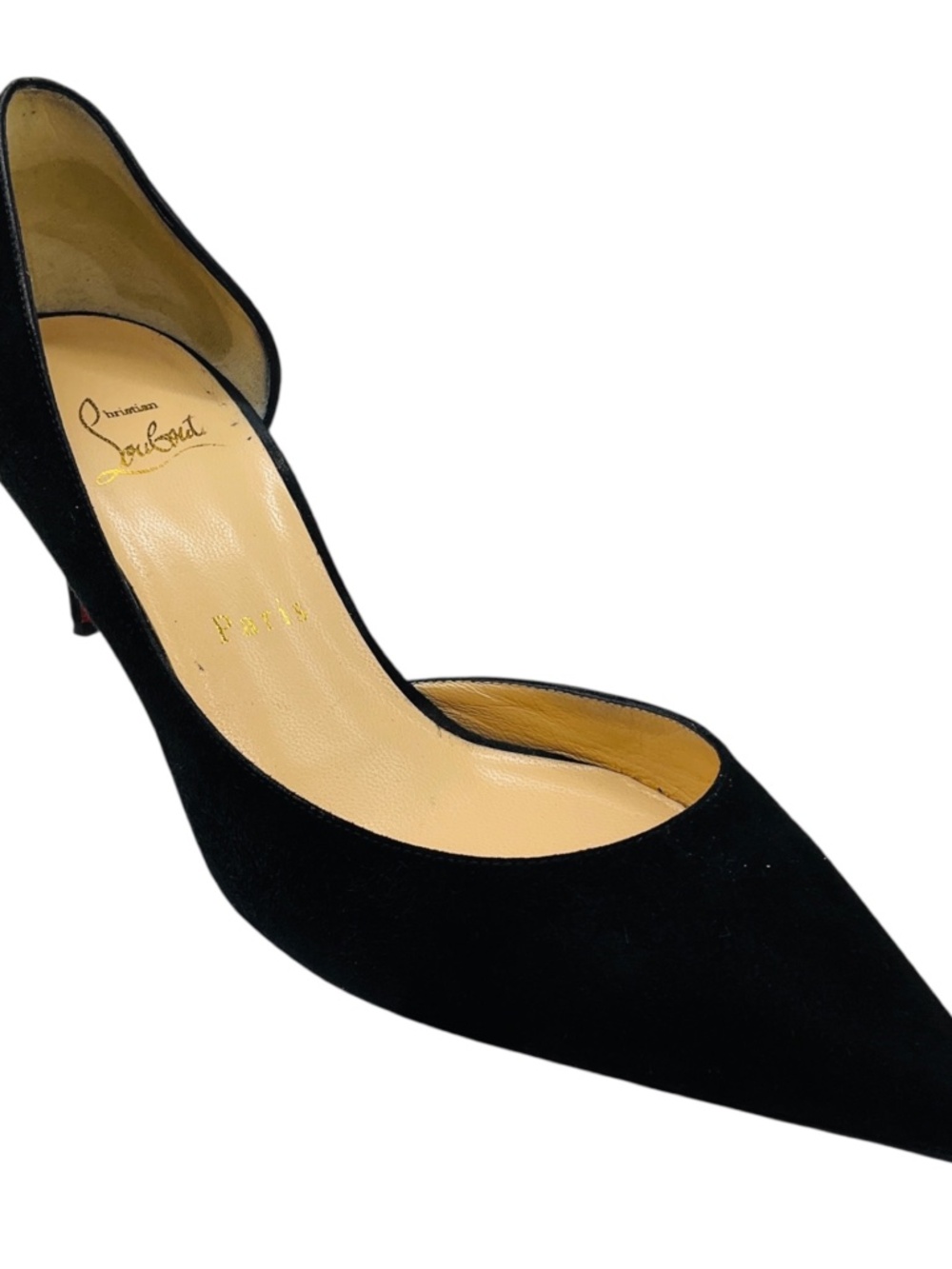 CHRISTIAN LOUBOUTIN BLACK POINTED TOE SUEDE D'ORSAY PUMPS